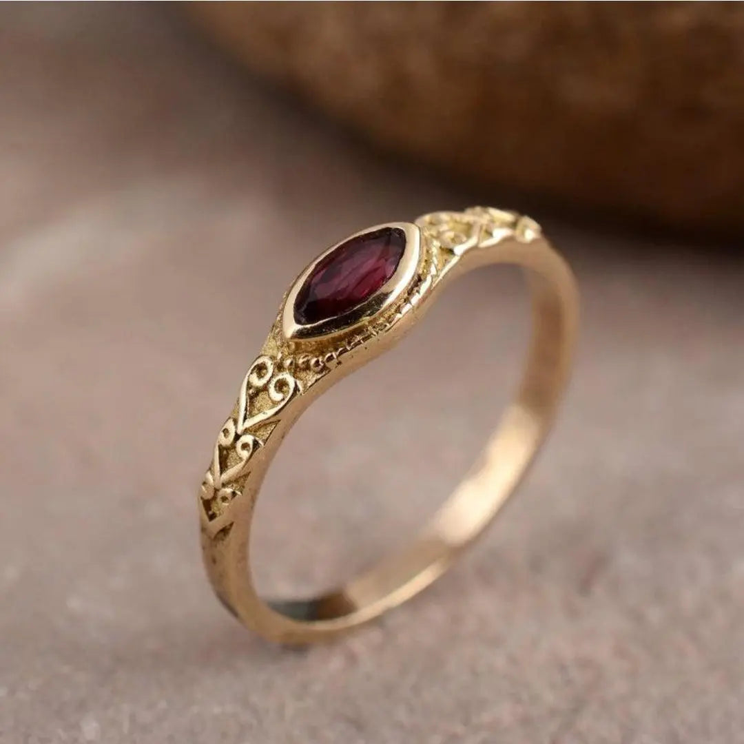 Lydia — Golden Vintage Ring with Red Crystal