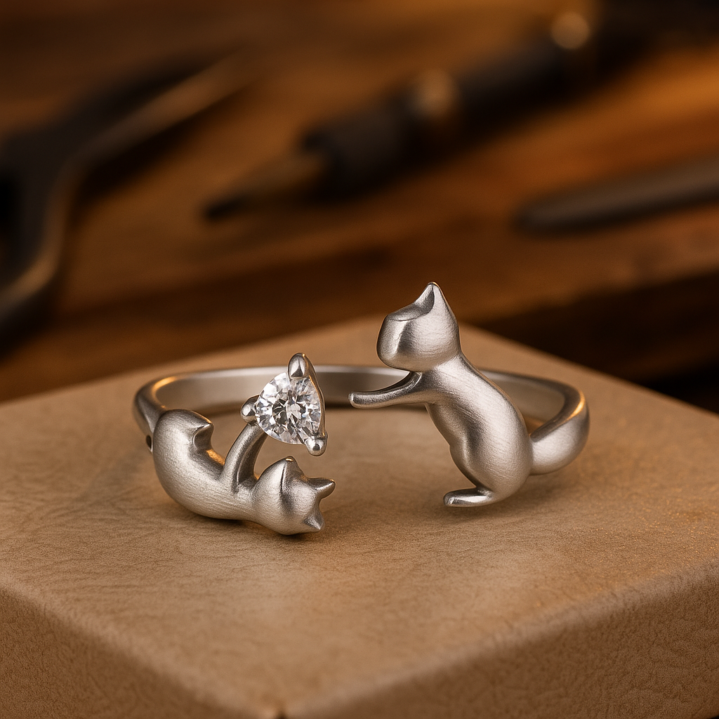 Zia — Playful Sterling Silver Cat Adjustable Ring with Zirconia