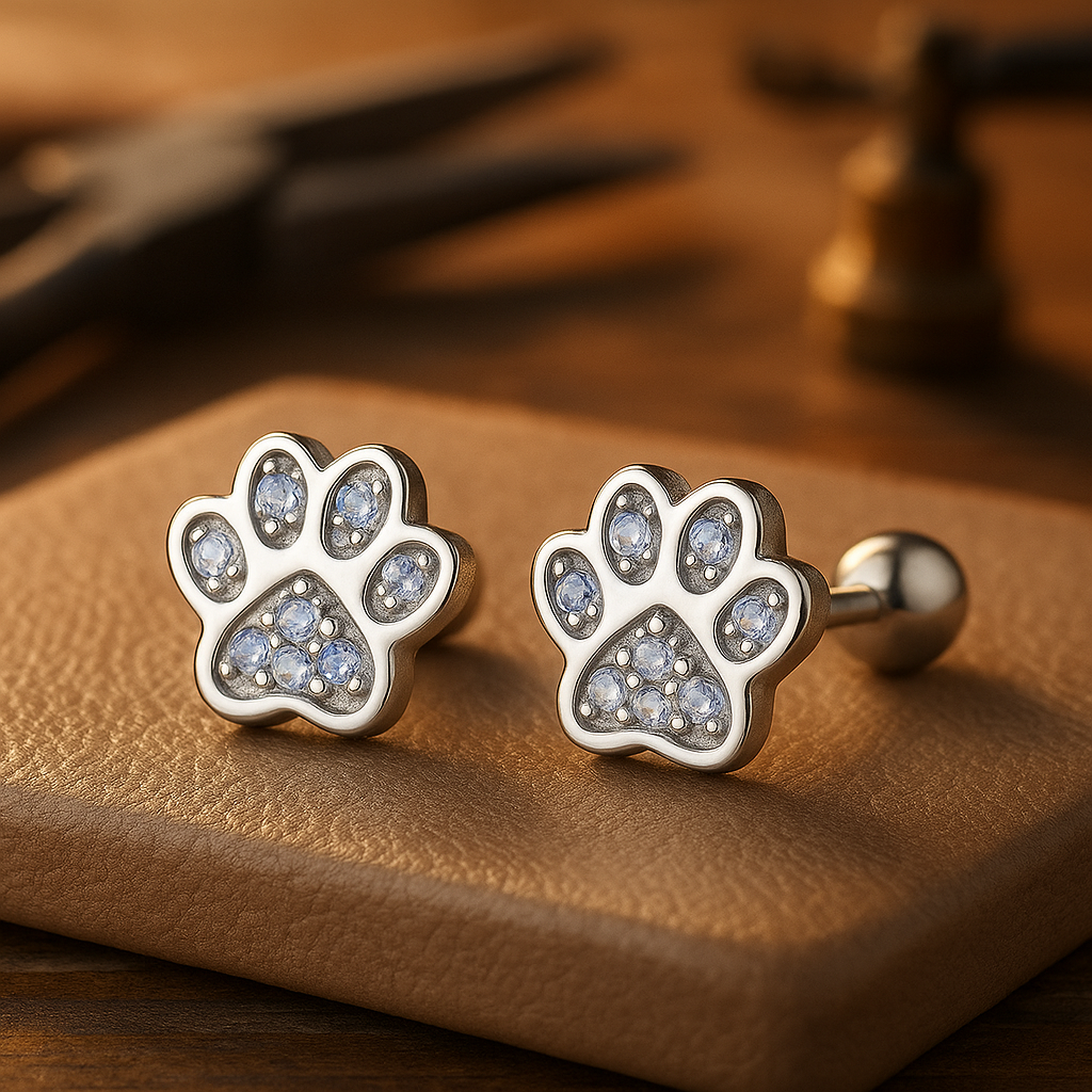 Darla — Sterling Silver Paw Print Stud Earrings – Crystal Accent