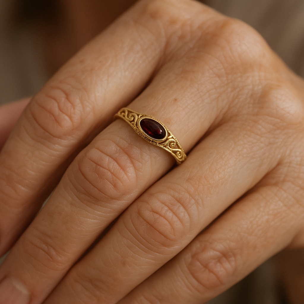 Lydia — Golden Vintage Ring with Red Crystal
