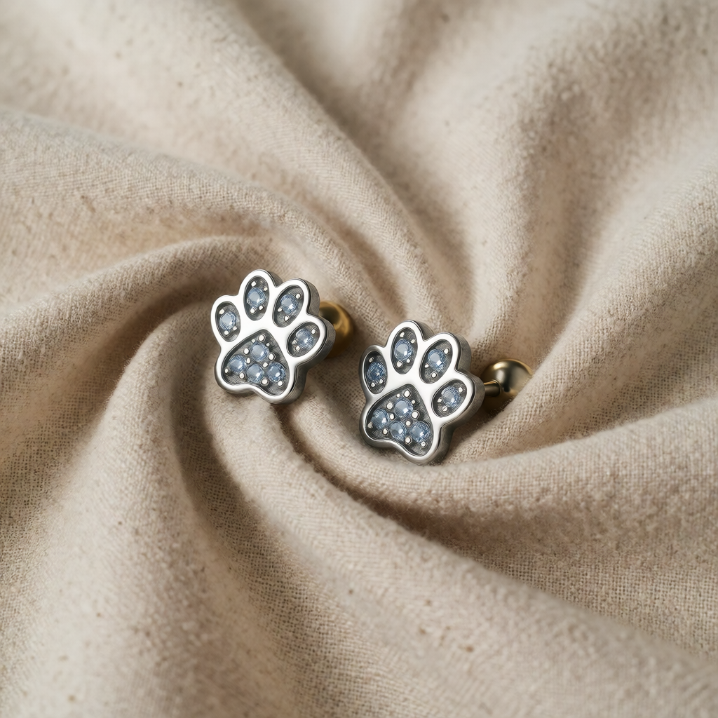 Tassu — Silver Paw Print Crystal Earrings
