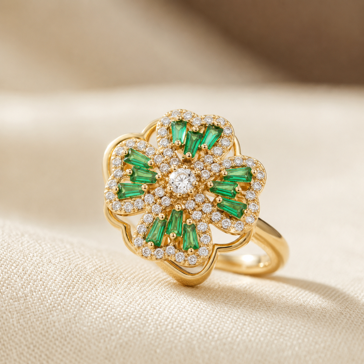 Ariane — Floral Gold Emerald Ring