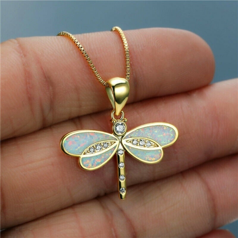 Lorena — Dragonfly Necklace in Gold with Opal