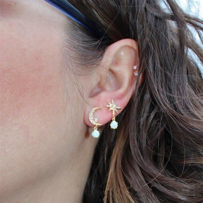 Davina — Opal and Gold Earrings Moon and Star