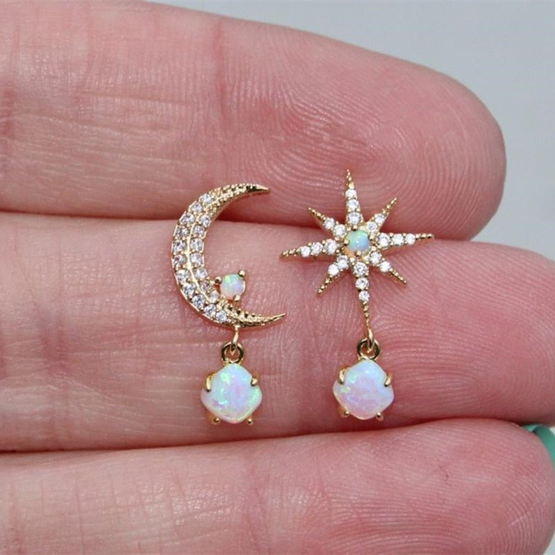Davina — Opal and Gold Earrings Moon and Star