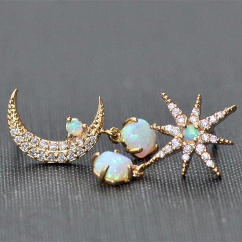 Davina — Opal and Gold Earrings Moon and Star