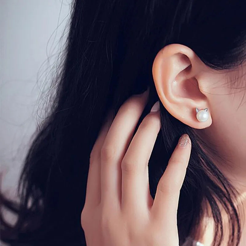 Katya — Sterling Silver Cat Pearl Stud Earrings