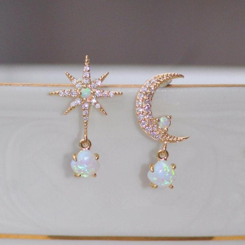 Davina — Opal and Gold Earrings Moon and Star