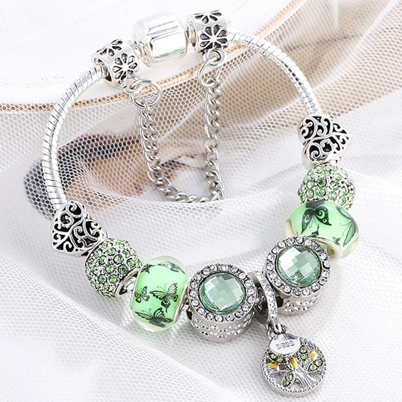 Silver Bracelet with Green Crystal