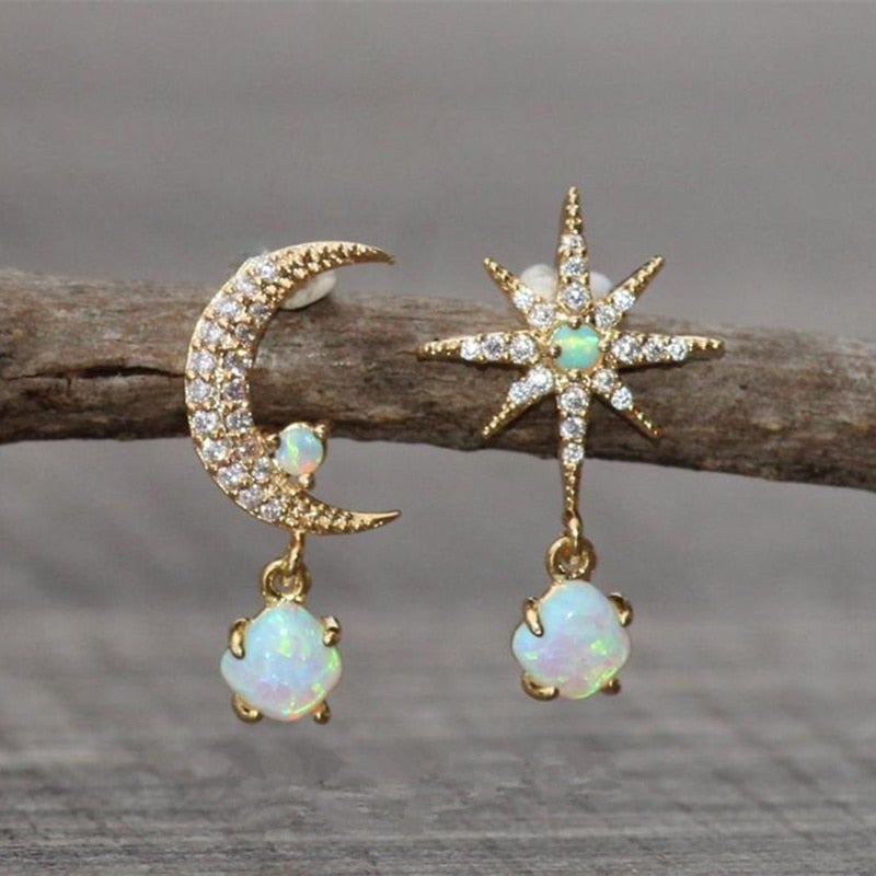 Davina — Opal and Gold Earrings Moon and Star