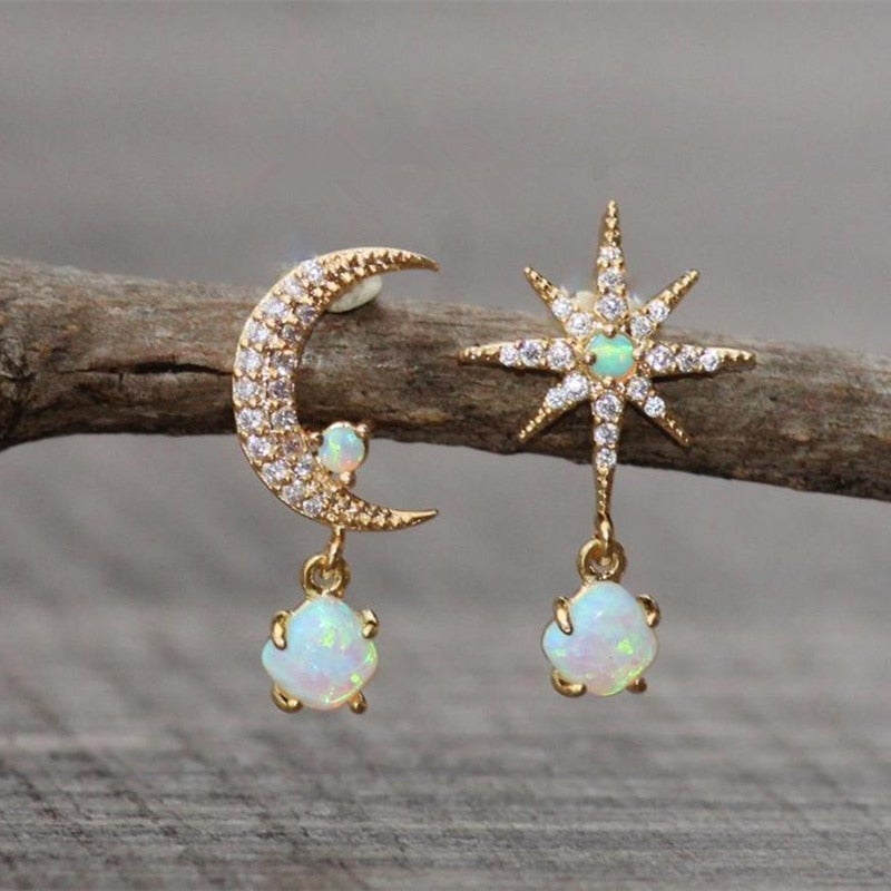 Davina — Opal and Gold Earrings Moon and Star