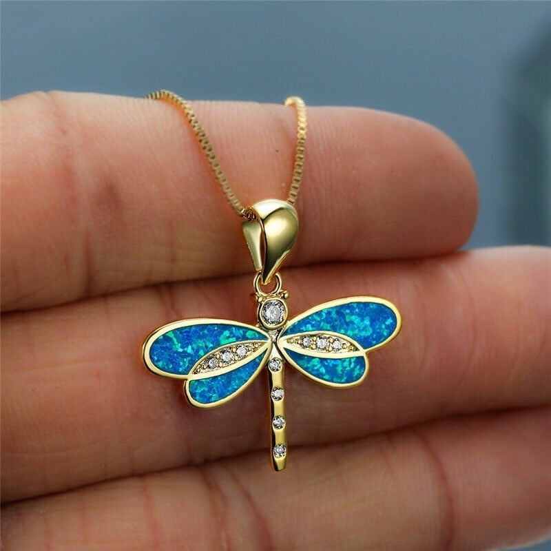 Lorena — Dragonfly Necklace in Gold with Opal