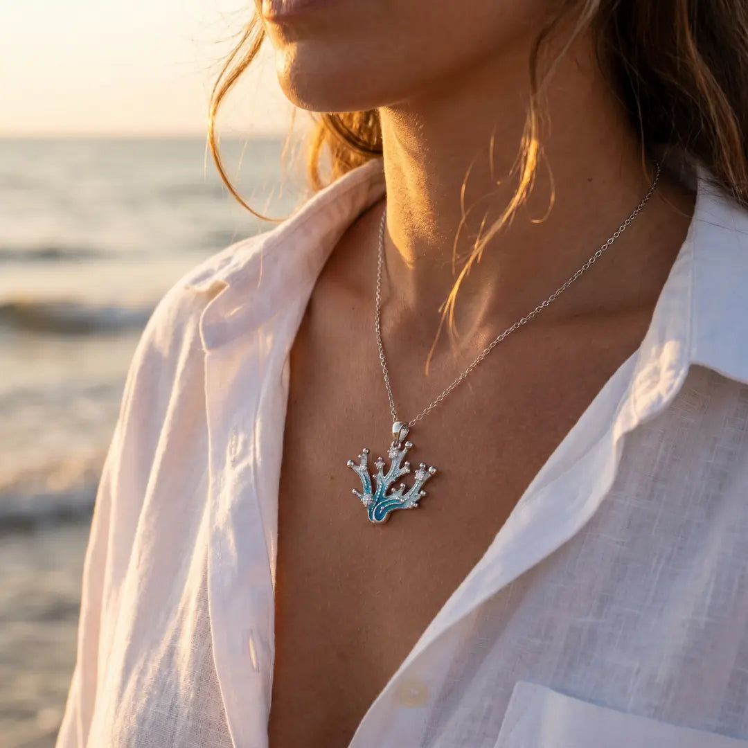 Delphina — Coral Bloom Enamel Pendant Necklace
