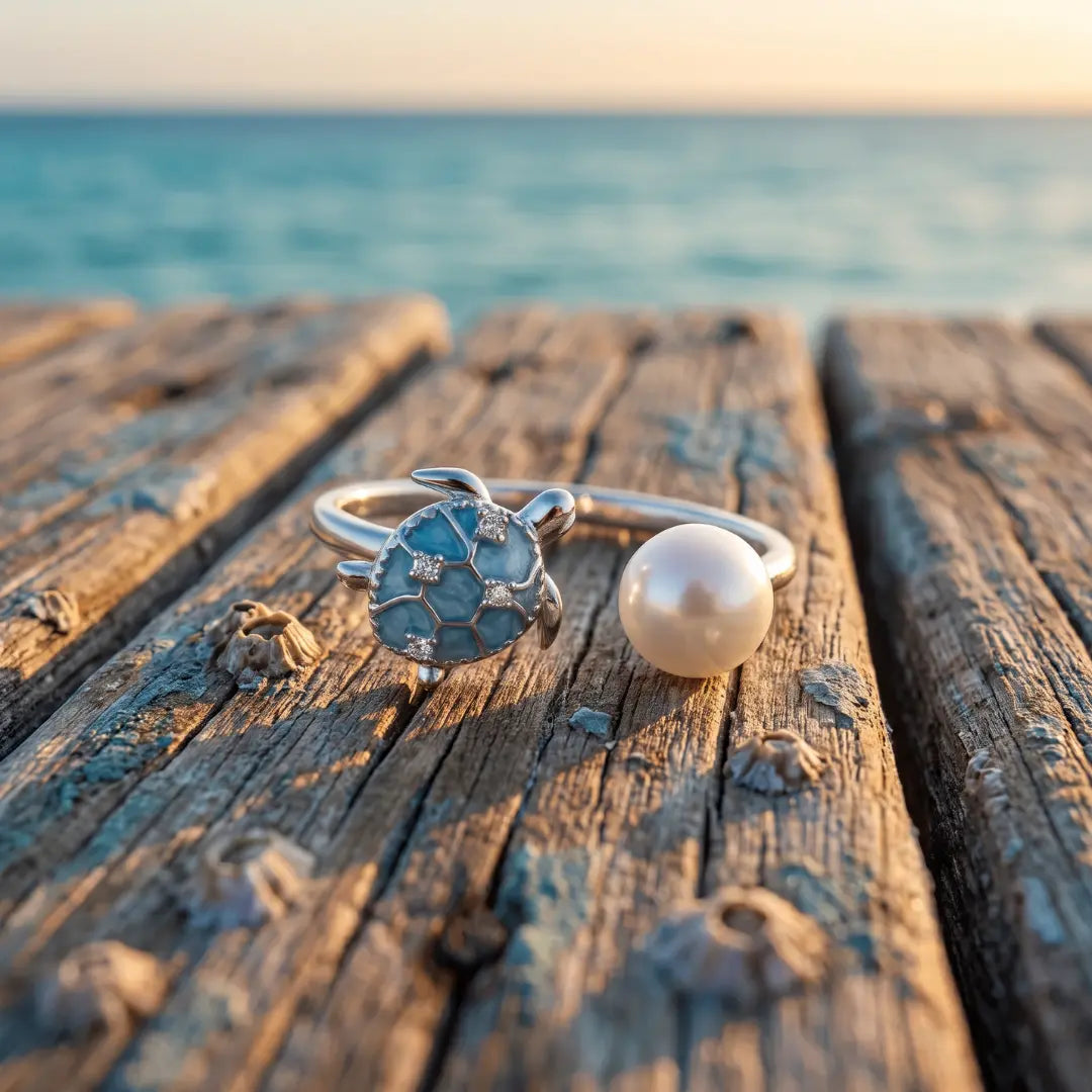 Isabella — Sea Turtle & Pearl Open Ring