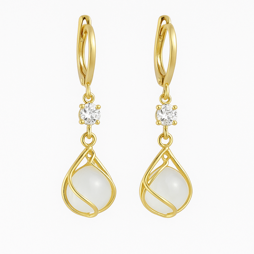 Dangling Gold Earrings Adorned with an Elegant White Opal