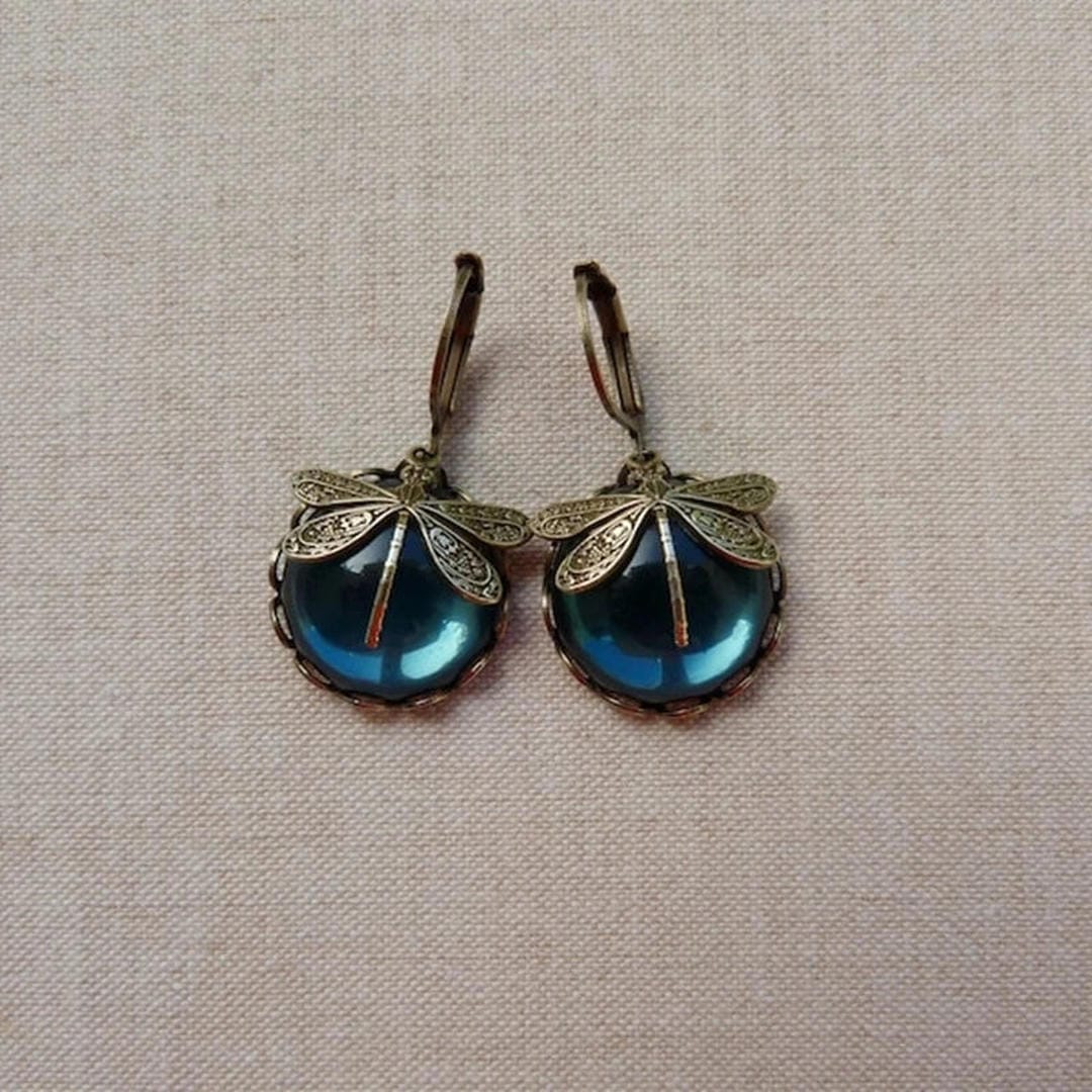 Blue Antique Gold Dragonfly Earrings
