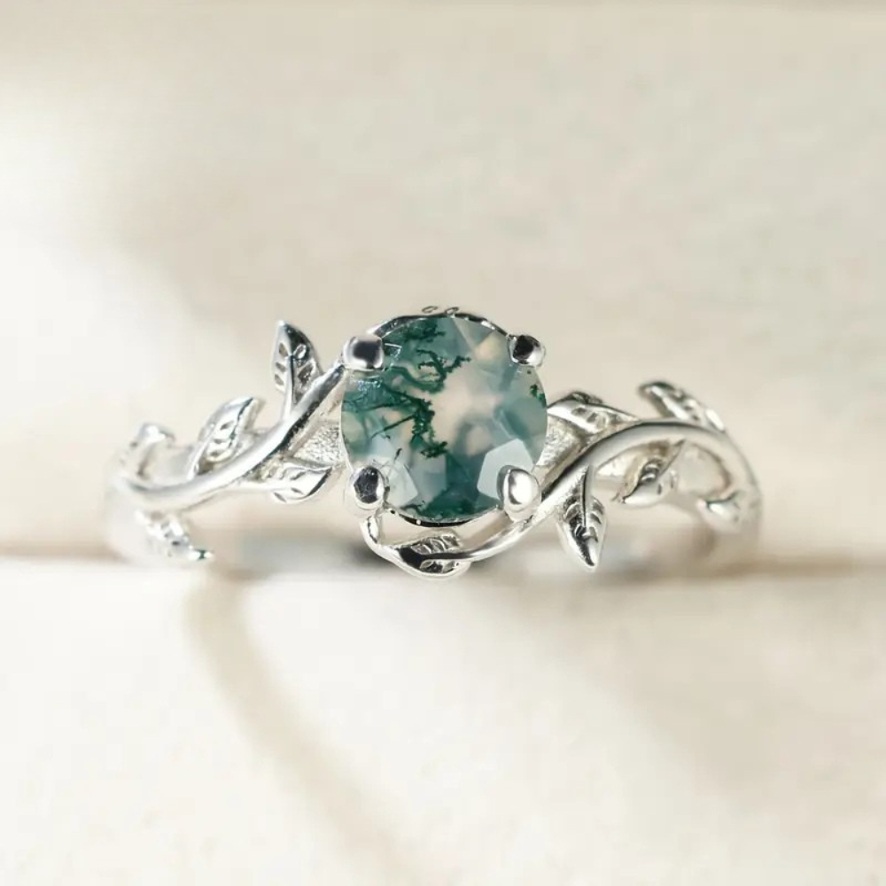 Inka — Retro Round Agate Leaf Ring