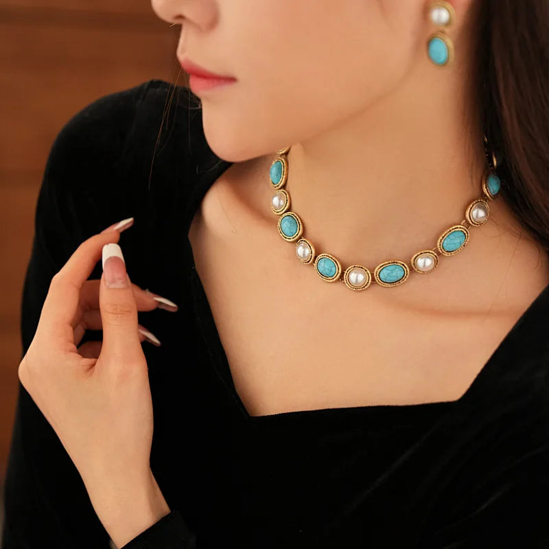 Juniper — Turquoise & Pearl Antique Gold Statement Set