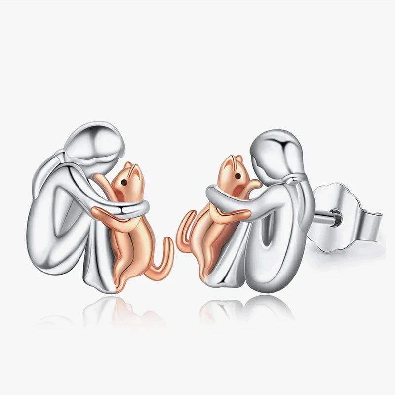 Oona — Silver and Gold Two-Tone Cat Hug Earrings