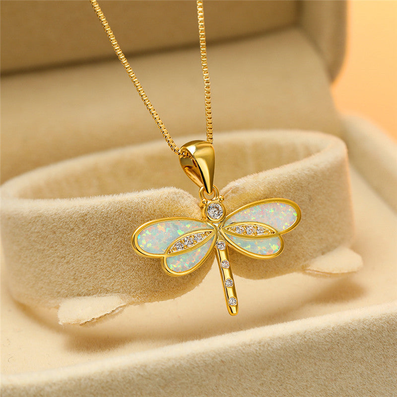 Lorena — Dragonfly Necklace in Gold with Opal