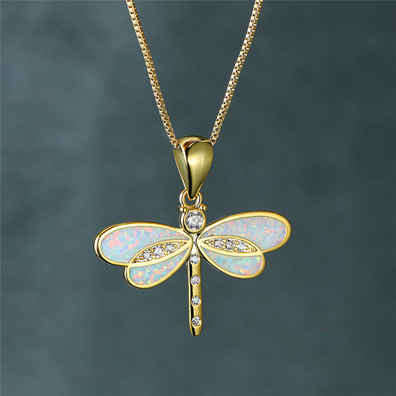 Lorena — Dragonfly Necklace in Gold with Opal