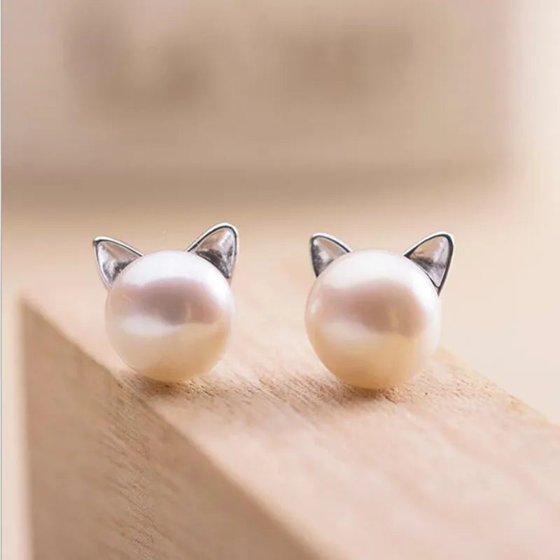 Katya — Sterling Silver Cat Pearl Stud Earrings