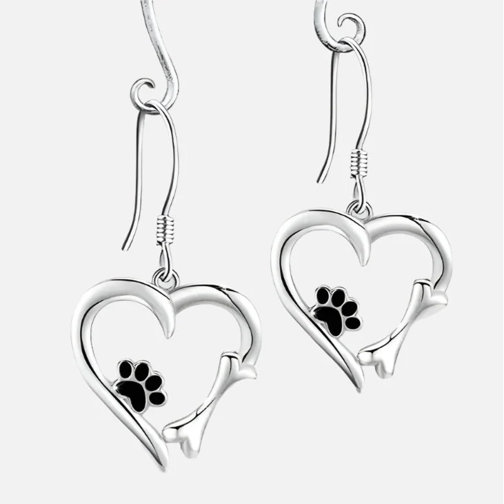 Kitty — Silver Drop Earrings with Heart & Paw Design