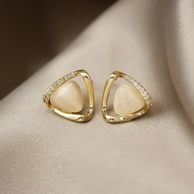 Elegant Triangular Earrings Adorned with Opal and Crystals