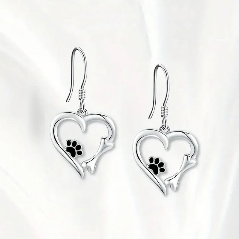Kitty — Silver Drop Earrings with Heart & Paw Design