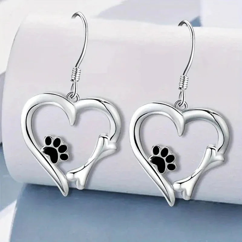 Kitty — Silver Drop Earrings with Heart & Paw Design