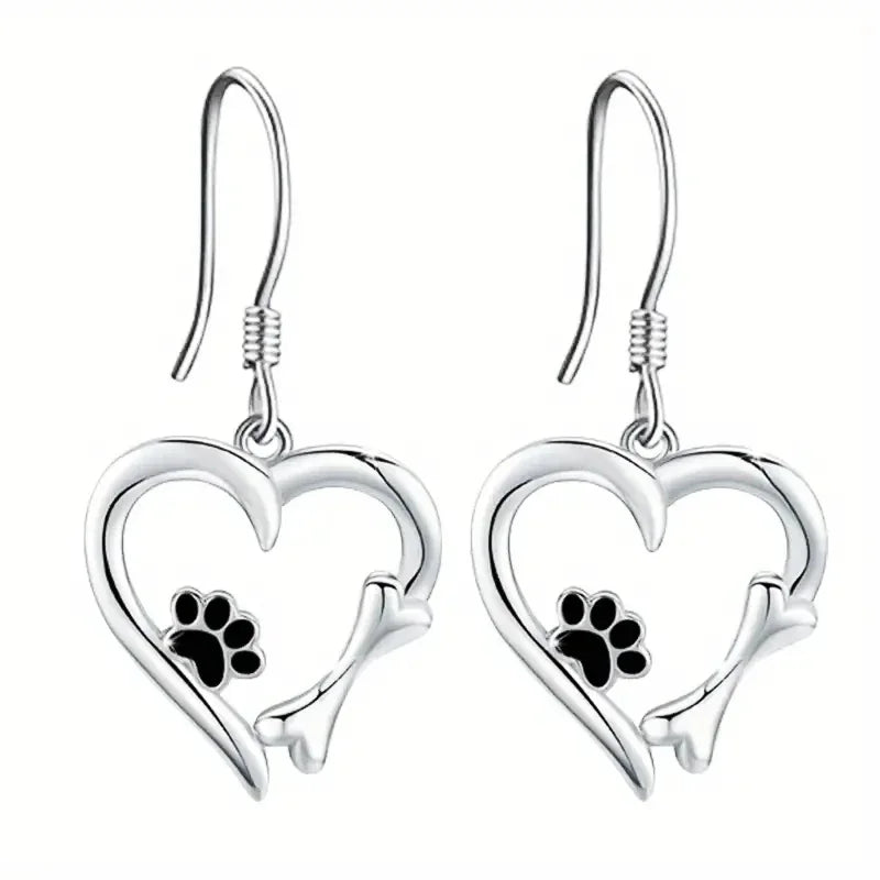 Kitty — Silver Drop Earrings with Heart & Paw Design