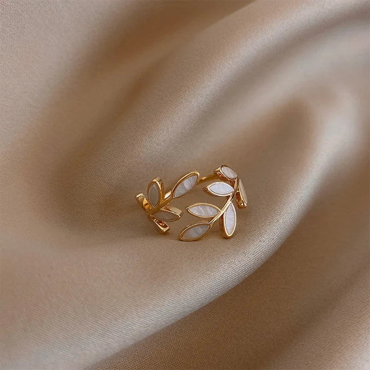 Sybil — Pure White Opal Leaf Adjustable Ring