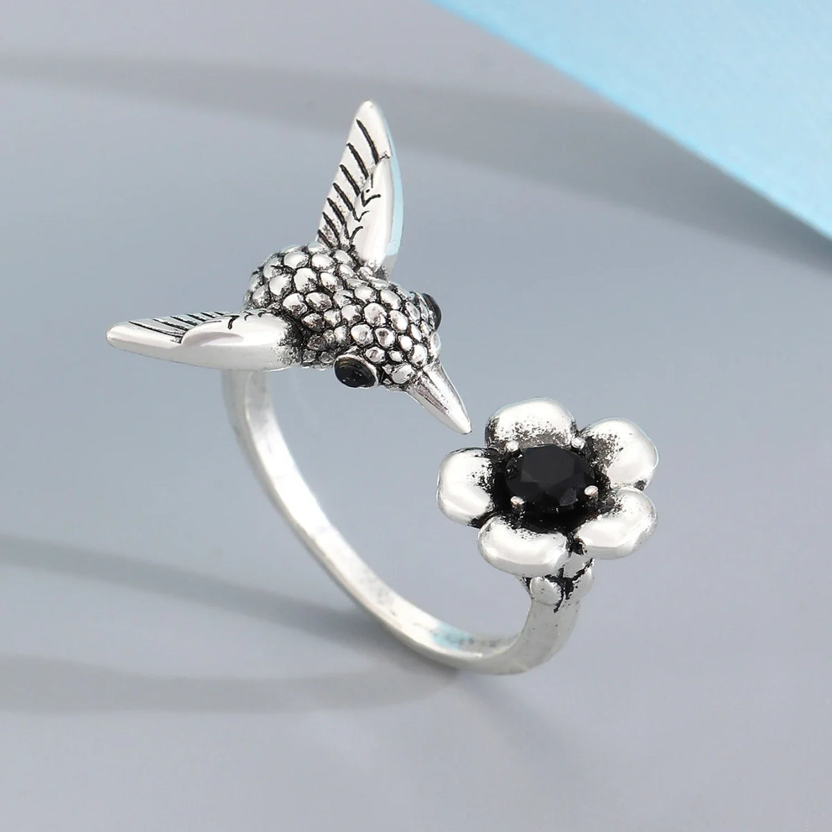 Flossie — Hummingbird & Flower Ring – Adjustable Open Bird Ring