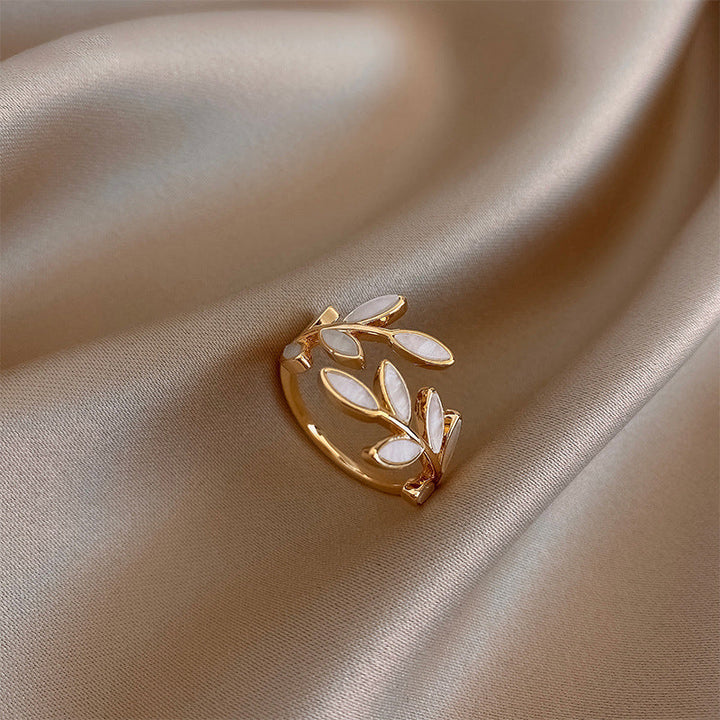 Sybil — Pure White Opal Leaf Adjustable Ring