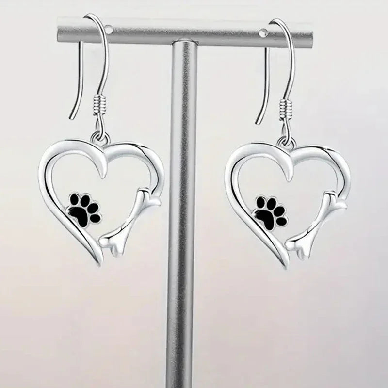 Kitty — Silver Drop Earrings with Heart & Paw Design