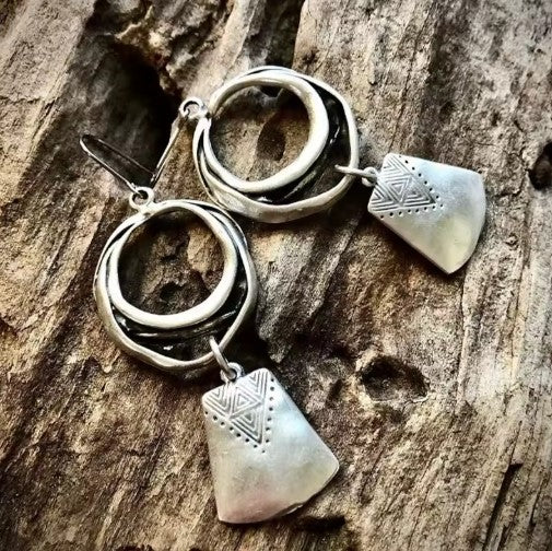 Elegant Vintage Square Silver Dangle Earrings