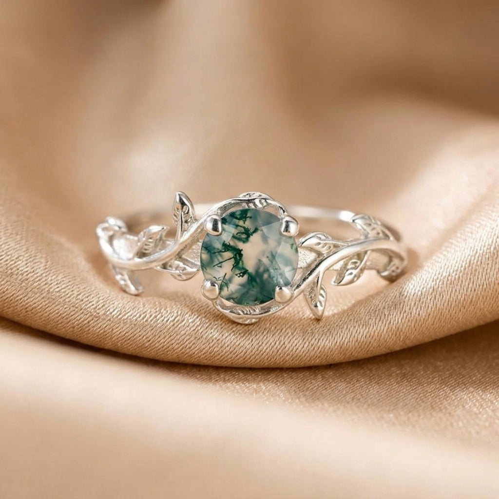 Inka — Retro Round Agate Leaf Ring