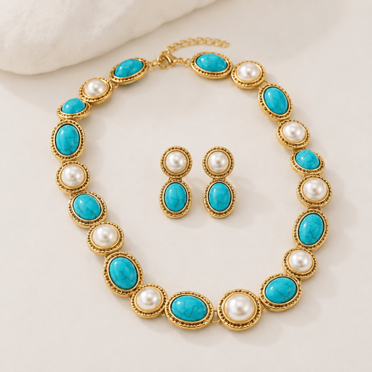 Juniper — Turquoise & Pearl Antique Gold Statement Set