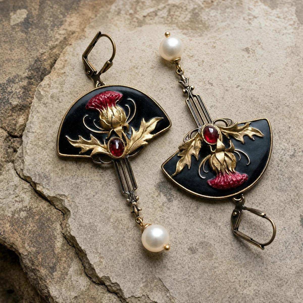 Boho Earrings with Pearls and Red Crystal