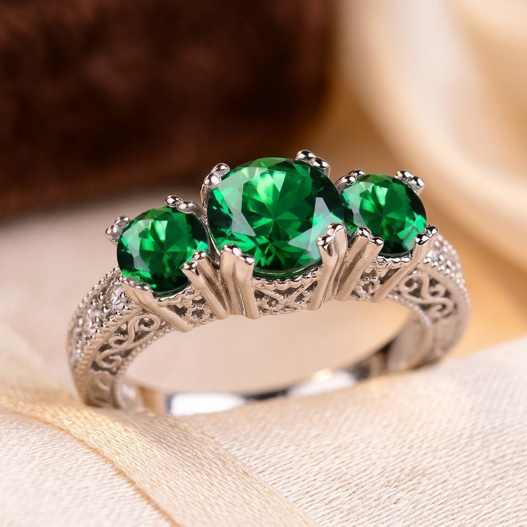 Pauline — Silver Emerald Three-Stone Ring