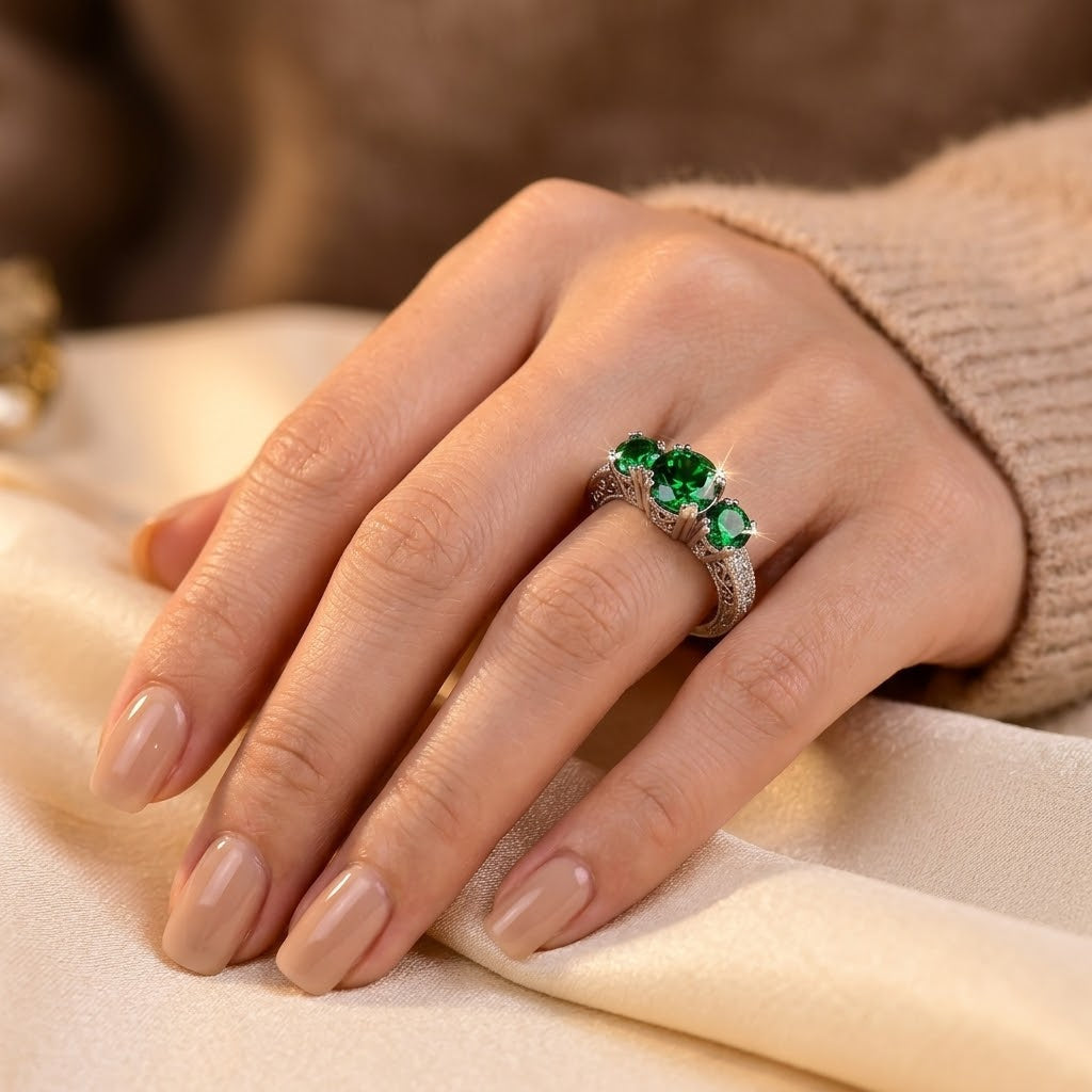 Pauline — Silver Emerald Three-Stone Ring