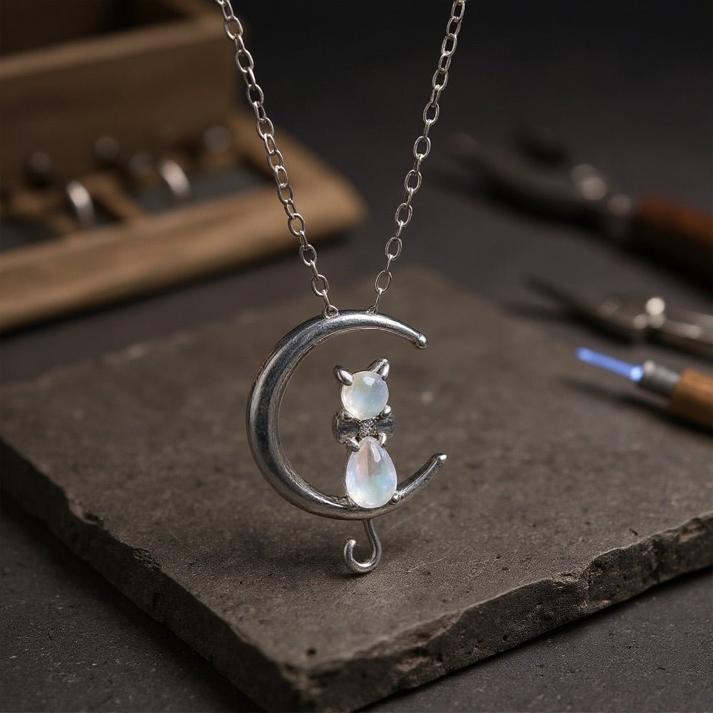 Ember — Moonstone Crescent and Cat Necklace