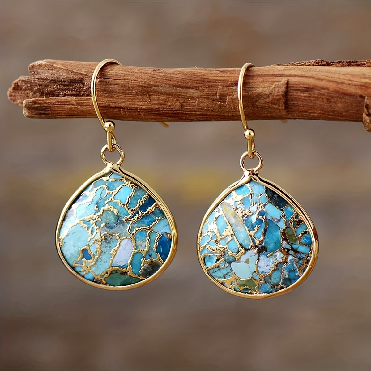 Turquoise-toned mosaic teardrop earrings with gold-tone edges and hook fastenings
