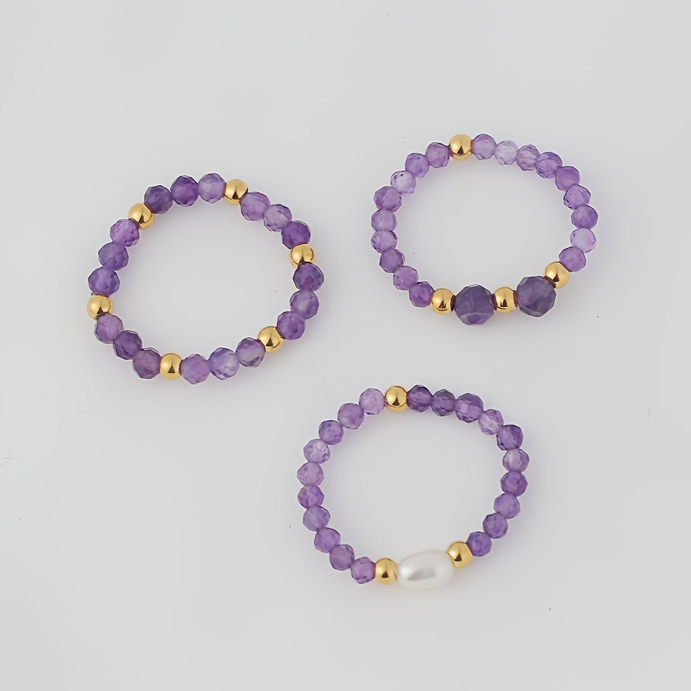 Winsome — 3pcs Set Amethyst Beaded Rings