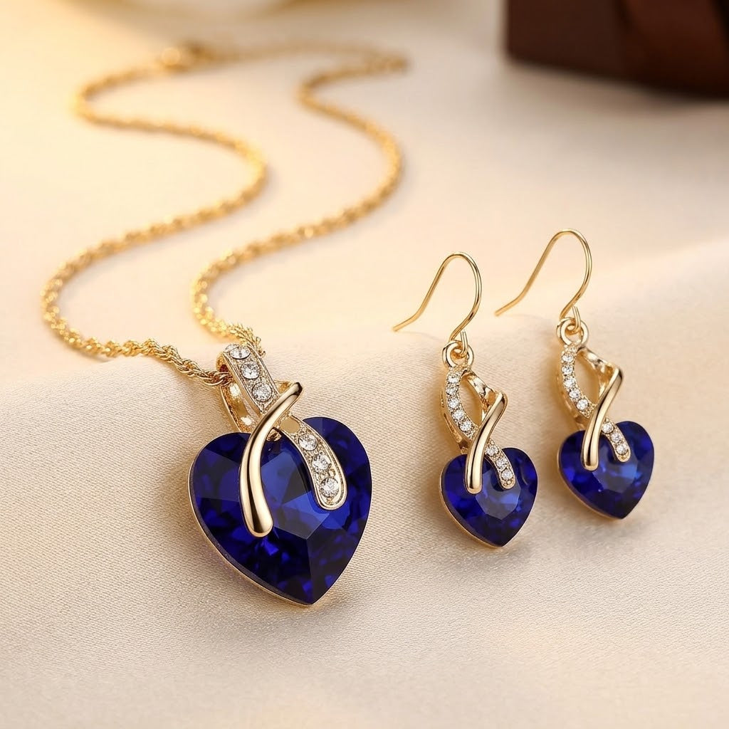Celeste — Gold Sapphire Heart Necklace & Earrings Set
