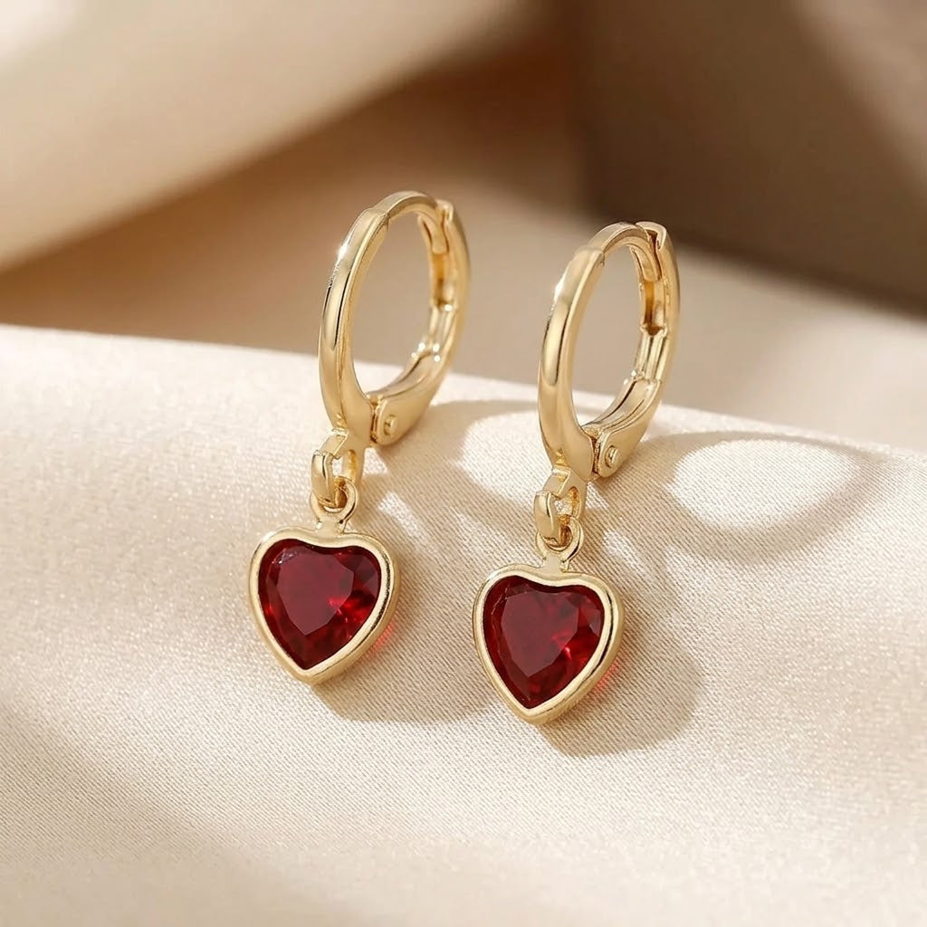 Virginie — Gold Ruby Heart Drop Earrings
