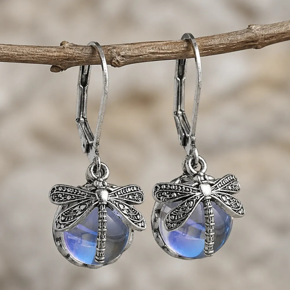 Spherical Dragonfly Earrings in Antique Silver