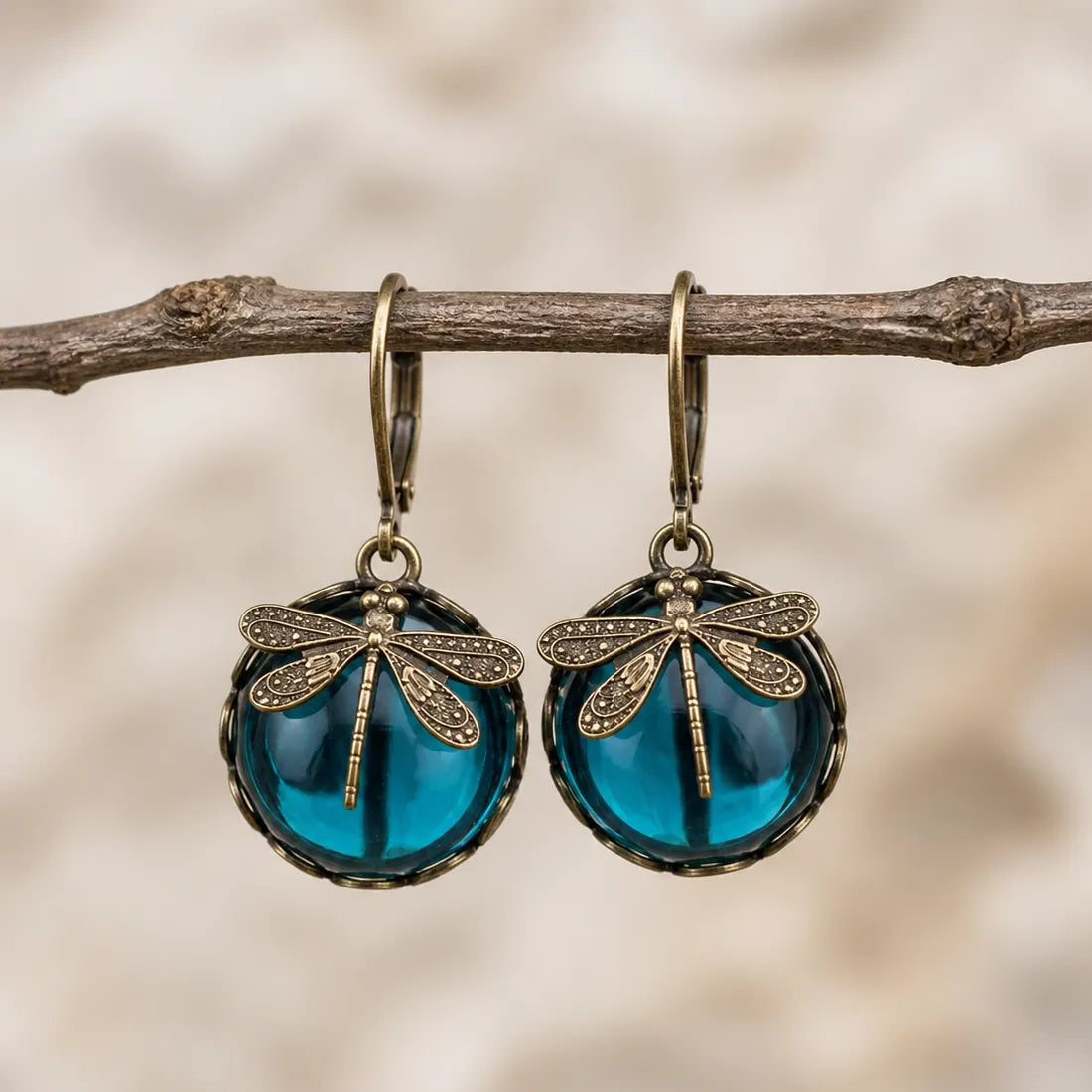 Spherical Dragonfly Earrings in Antique Gold