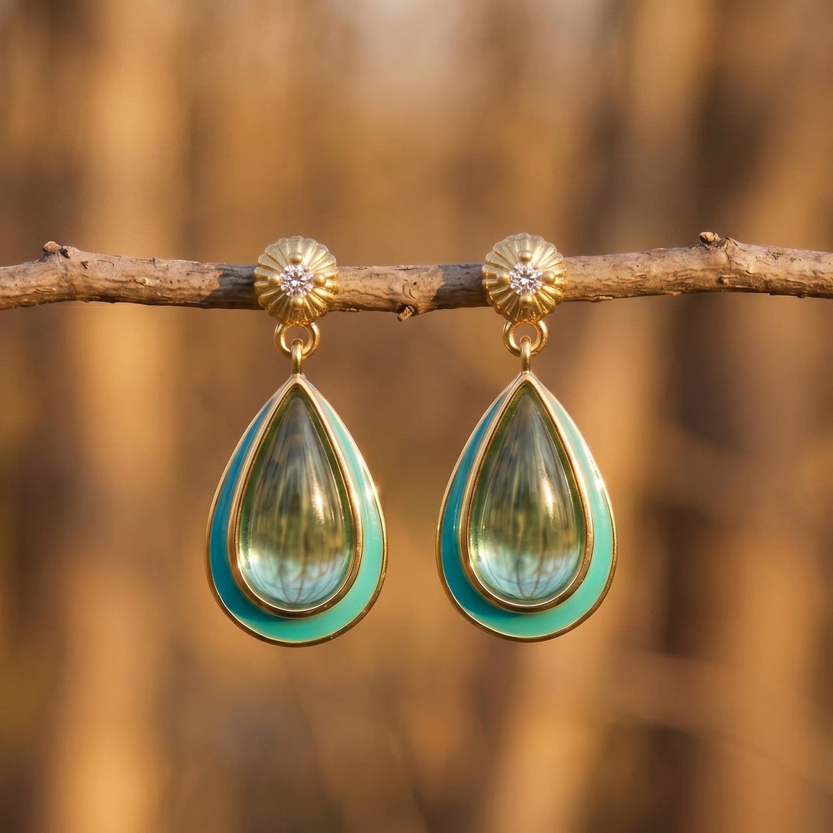 Icy blue teardrop earring design with an aqua border, warm gold-tone outline, and small round top accent.