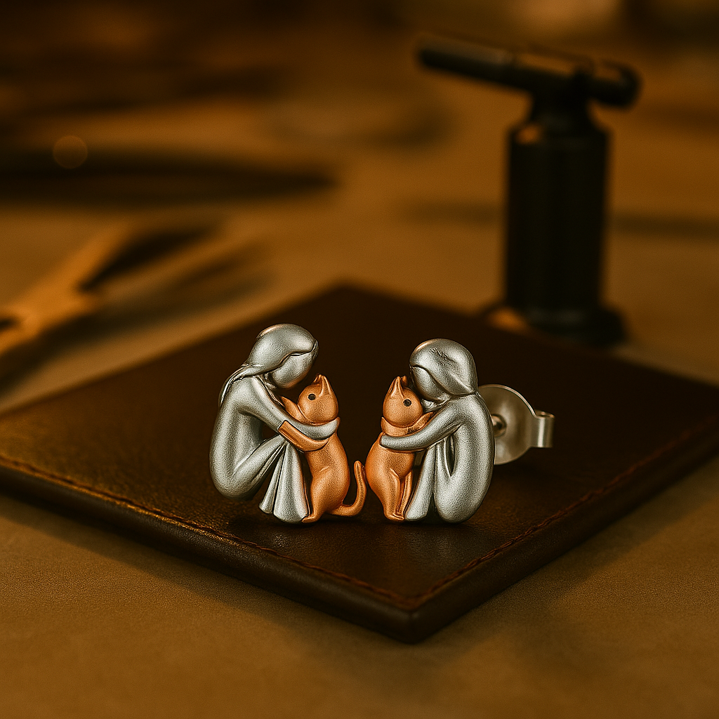 Oona — Silver and Gold Two-Tone Cat Hug Earrings